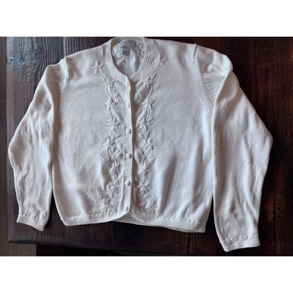 Vintage Lands End White Cotton Floral Embroidered Cardigan Sweater Large Y2K